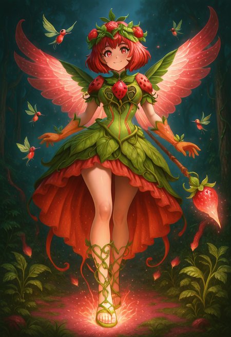 masterpiece, best quality, solo, curvy, beautiful eyes, narrow waist, wide hips, 1girl, solo, smile, looking at viewer, dynamic angle, foreshortening, close up,       strbrry, <lora:StrawberryWorldMorph_IXL_v1:1.0>,[Floral Enchantress of Bloomcraft], petal-layered dress in soft pink and green, vine-laced sandals, flower crown that changes with mood, pollen-sprinkled gloves, hummingbird brooch, staff topped with blooming bud, overgrown ruin garden bathed in springlight, floating seeds, kind smile,