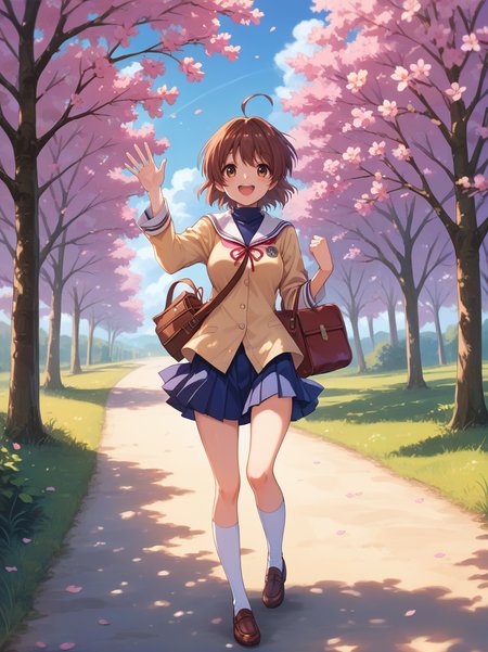 score_9, score_8_up, score_7_up, score_6_up, detailed background, detailed eyes, path, cherry blossom trees, falling sakura pedals, cowboy shot, standing, school uniform with blue turtleneck, blue skirt, white socks, double ahoge, shoulder bag,  medium breasts, open mouth, smile, arm raised, waving, palm of hand, <lora:SlimesNagisa:1.1> slimes_nagisa, short hair, brown eyes, looking at viewer, skirt flip