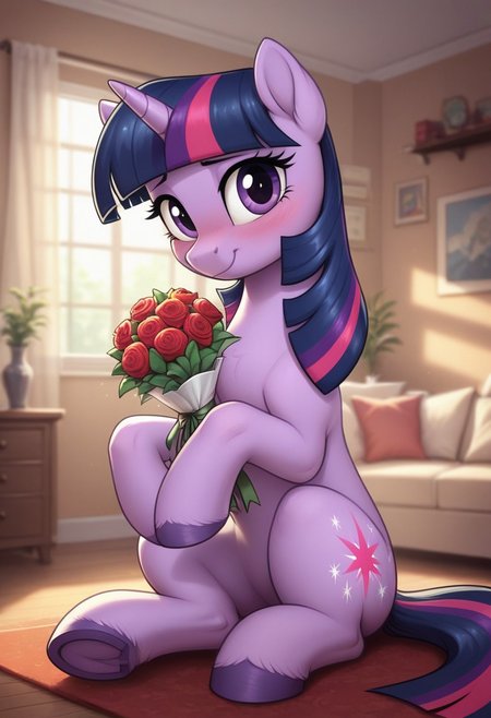 score_9, score_8_up, score_7_up, score_6_up, pony, unicorn, feral, mare, solo, (twilight sparkle), no breasts, living room, indoors, (sunny day), tail, photo_realistic, blushing female, looking at you, dynamic pose, dramatic angle, face focus, (bouquet of roses, holding bouquet with hooves), (sitting)