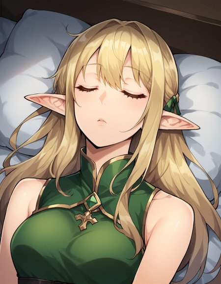 score_9, score_8_up, score_7_up, score_6_up, sigamastyle, 
1girl, green tunic, 1girl, long hair, blonde, elf, sleeveless, beautiful face, 24 years old, closed eyes, bangs, record of lodoss war, upper body, bedroom, gothic architecture, detailed background, bed sheet, sleeping,
<lora:sigama_style_v1:1>