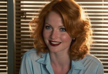 CinematicPortrait woman analog photo ginger smile    masterpiece indoors, (glossy  dark lipstick), blue eyes, (blinds backlight), soft focus, depth of field, film grain, (((looking at viewer))) <lora:CinematicPortraitXL_v3:0.3>  <lora:EuroBabe-v4-XL:0.3>