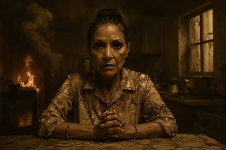 sepia-toned surreal photography, Georgina Montana in the Scarface sequel as eternal matriarch of the damned, aged Latina woman with weathered skin and sharp eyes, hair tied in a tight bun with a rosary clenched in one hand, wearing a faded floral blouse covered in ash, seated with hands folded in judgment at a cracked stone kitchen table, upper body still and upright, close-up shot, eye-level angle, background of a decaying Miami kitchen overrun by smoke and fire, mood of spiritual defiance and maternal sorrow, harsh directional lighting from overhead, desaturated palette with soft gold and burnt umber, inspired by Latin American magical realism and religious symbolism