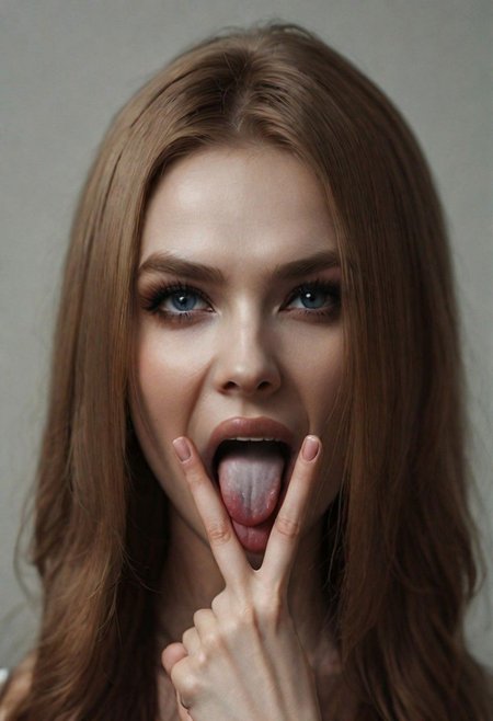 woman , long hair, pretty face, (V Fingers, Tongue out, Tongue between fingers)