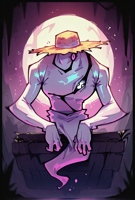 <lora:ghostfreak-08:1> ghostfreak, solo, no humans, purple eye, ghost, floating, particles, dynamic pose, upper body,,  big arms,  leaning to side, zoomed in shot,  <lora:sakfsdajfkasd:1> alpharecdyt, on the each, sitting on tye sad, leaning, straw hat,, masterpiece, best quality, amazing quality, very aesthetic, absurdres, newest,