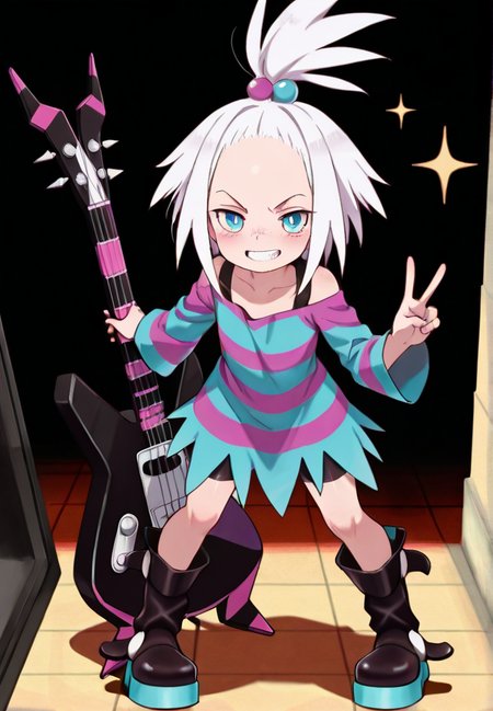 masterpiece, best quality, amazing quality, very aesthetic, absurdres,  newest, detailed background,
roxie, 1girl, solo, looking at viewer, blush, smile, short hair, blue eyes, hair ornament,  dress, standing, full body, white hair, boots, teeth, black footwear, striped clothes, grin, flat chest, strapless, v, sparkle, spiked hair, bright pupils, hair bobbles, bike shorts, instrument, strapless dress, white pupils, forehead, freckles, legs apart, two-tone dress, pigeon-toed, platform footwear, striped dress, jaggy lines, topknot, bra strap, bass guitar, instrument case, combat boots, shorts under dress, platform boots
 <lora:Roxie_-_Pokemon_Illustrious:1>