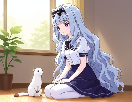 general,highres, ultra-detailed,very aesthetic,best quality ,best hands,  BREAK <lora:Watayuki_BP_IS:1>Watayuki(BP), 1girl,solo, hairband, very long hair, hair bow, purple eyes,  hair intakes, light blue hair, blunt bangs, wavy hair,
sitting, bow, shijou takane, skirt, pantyhose, seiza, indoors, school uniform, plant, white pantyhose, blue skirt,
black bow, short sleeves, animal, solo focus, potted plant,  shirt, puffy sleeves,
multiple_animals,  white_ferret,