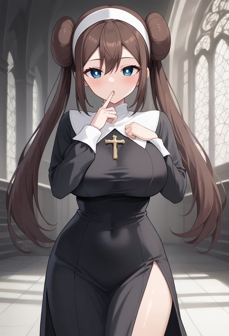 score_9, score_8_up, score_7_up,(source_anime:1.2), seductive, blush, high res image,masterpiece,best qualitygirl,rosa, Rosa_(Pokemon),cute face,clear skin,shiny hair,ultra detailed eyes , church, blue_eyes, double_bun, twintails, white_pupils, brown_hair, long_hair <lora:nun_pony_V1.0:0.6> nun, black dress, long sleeves, huge breasts, finger to mouth