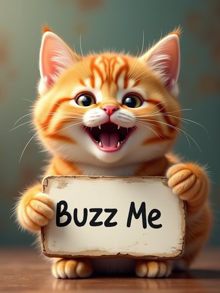 two happy cute cat holding a sign reading 'Buzz Me'.
best quality, masterpiece,