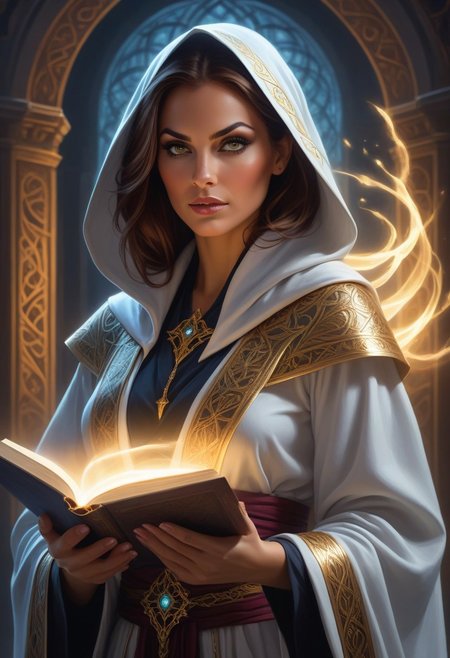 warlock woman, robed in light fabrics, holding a book of guardian spells, dynamic view, dynamic pose, dynamic angle, mystical atmosphere, high detail, fantasy art, vibrant lighting, ethereal glow, cinematic composition, intricate patterns on robes, enchanting background, masterpiece digital painting by Artgerm and Mike Mignola, 4k resolution, <lora:SecretLab:1> silver