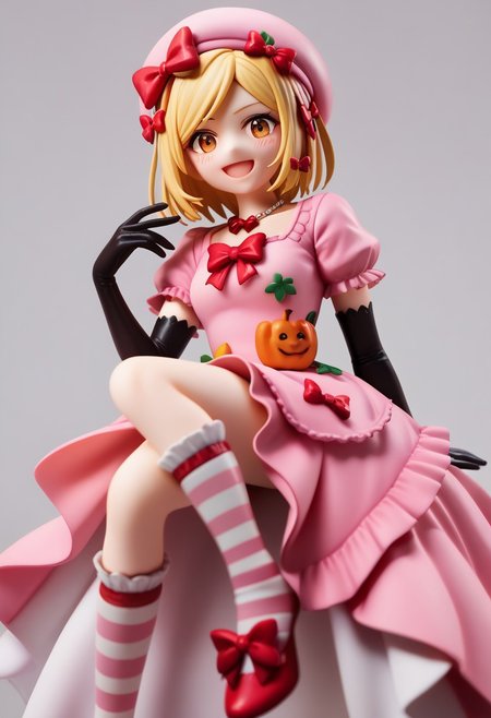 score_9, score_8_up, score_7_up, highres, absurdres, solo, 1girl, blush, smile, looking_at_viewer, Rambda, blonde hair, short hair, orange eyes, hair ornament, necklace, pink hat, pink gown, red bow, short sleeves, elbow gloves, striped kneehighs, foot focus,