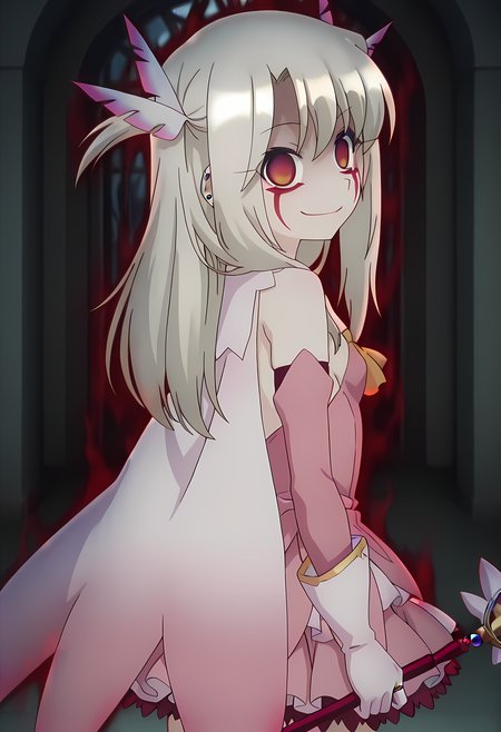 masterpiece,best quality,amazing quality,

1girl, solo,

multicolored hair, blonde hair, pink hair, long hair, multicolored eyes, ear piercing, earrings, pink nails, ring,

Illya, 1girl, petite, long hair, bangs, blonde hair, red eyes, small breasts, gloves, magical girl, wand, hair ornament, white skirt, white gloves, holding wand, 

Looking back, tilting head,

cinematic, Looking at viewer, smile, evil smile, 

Lens flare, bloom, night, 

(Reverse Corruption, red aura, corruption, empty eyes, facial mark),

Official style, anime screencap, anime coloring,



















