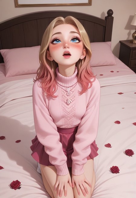 score_9, score_8_up, score_8, semi realistic, (perfect detailed face, detailed fingers, perfect face, detailed eyes). solo,
 ((1girl)), slim, small breasts, long hair, blonde hair dyed brown, pink ombre, pink inner hair, multicolored hair, blue eyes, freckles, dark makeup, 
pink winter sweater, short skirt,
blush, on knees, on bed, looking up,
pink bedroom,  girly bedroom, roses, rose petals, rose petals on bed, valentine, romantic atmosphere,