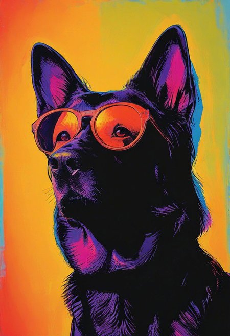 impactful color paint of, a german shepherd dog wearing dark sunglasses, highly detailed, vibrant colors , 8k, sharp, professional, clear, high contrast, high saturated, , vivid deep blacks, crystal clear