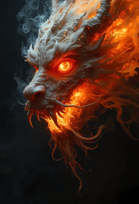 a dipiction of a fire Chinese Dragon, (disintegrating and dissolving into fog and smoke:1.3), (blending form with the black background:1.3). Framed in thick volumetric fog. diffused light, delicatly, whispering, eye catching masterpiece artwork. drifting fog, cracked light and scattering smoke in a dreamlike reality.