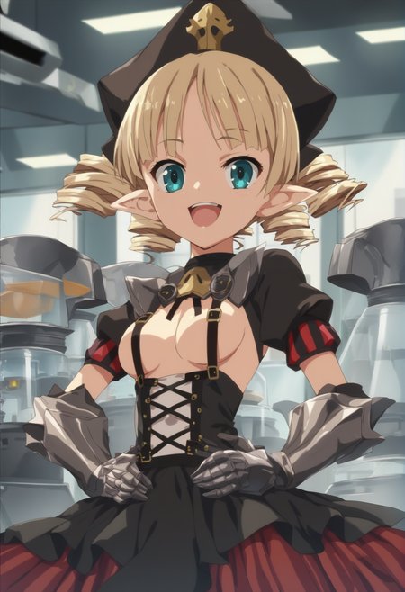 1girl, aqua eyes, blonde, twintails, pointy ears, twintails, drill hair, black dress, short sleeves, hat, suspenders, medium breasts, ribbon, gauntlets, laughing, hands on waist, indoors, laboratory, looking at viewer <lora:Ymir Rebellion XL:1>, score_9, score_8_up, score_7_up, score_6_up, score_5_up, score_4_up, BREAK source_anime, masterpiece