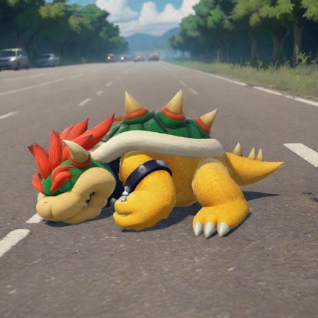 Bowser sleeping on the road, in the wild, lying on the ground, cars passing by. Anime style <lora:Bowser-cai:1> <lora:LCMSDXL:1>