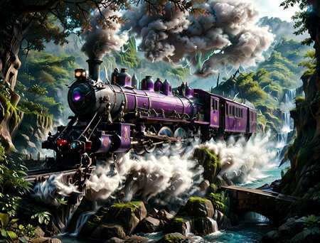 a hyper-realistic photograph of a ((vintage steam locomotive rides on rails on a bridge and blows smoke from a steam pipe)) near the ((serpentine tower)) piercing the sky on a mist-shrouded, alien world, surrounded by a lush, dense emerald forest teeming with life. Incorporate intricate scales on the tentacles, vibrant colors of the flora, and a subtle, creepy glow emanating from the tower. (((Corals))) and (((sea sponges))) grow between ((twisted creepy trees)) and the (((bushes of tentacles with eyes))) and ((huge twisted wispy dark mushrooms)) and (((strange plants with many eyes))). Clouds of fog are spreading across the ground, ((blue sparkling fireflies)) are flying in the fog over the stream. Capture the late evening atmosphere with a setting emerald sun casting a warm, emerald light, and a few wispy galaxies scattered across the deep purple sky. Add a touch of mystery by including faint, starry constellations and a distant nebula. The long shot perspective should emphasize the tower's ominous presence, making this image a haunting addition to any dark fantasy or horror concept art collection. 16k, scenery, (long shot:1.5),
<lora:000_detailed_notrigger:1>
<lora:sinfully_stylish_SDKL:1> sinfully, dark dramatic lighting, shadows,
<lora:DonM3t3rn1tyXL-v1.1:0.51> DonM3t3rn1tyXL,
<lora:zavy-ndrwtr-sdxl:0.15> zavy-ndrwtr, (((Corals))), (((sea sponges))),
<lora:Pandora Land XL:0.75> PandoraLnd
<lora:MJ52:0.8> detailed, realistic, photo, cinematic, photography,
<lora:SDXLFaeTastic2400:1> realistic,
<lora:DetailMaximizer:0.72> photo, detailmaximizer,
 <lora:Steam_Engine_Train_-_Locomotive:0.6> steam engine train, locomotive, smokestack, railroad tracks, smoke, 
score_9, score_8_up, score_7_up, insanely detailed, (detailed body), (high detailed), better color correction, bright color correction, improved light, beautifull, (Ultraealistic), (cinematic quality:1.5), 16k, best quality, cinematic realism, ultra detailed cinematic style, human view, high-quality, best quality, cinematic realism, <lora:MidjourneyV6.1:0.7> midjourneyv6.1,