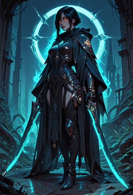 (masterpiece), (best quality), 8k, 1girl, celestial assassin, intense low lighting, glowing crescent blades, dual-wielding, shadowed face, glowing eyes, dark eclipse sky behind her, glowing voidlight aura, mystical sigils on ground, standing on fallen enemy, long flowing cloak fluttering, sci-fi fantasy armor with celestial patterns, moonlit silhouette, cinematic perspective, ethereal particles, solemn expression, radiant eclipse corona, sleek asymmetrical hairstyle, atmosphere of silent finality,