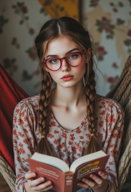 FictionalBeth a nerdy white girl in her late 20s, brown hair, twin braids, Thick red rimmed glasses, grey eyes. in a hammock reading a book with the title "How to beg for buzz"