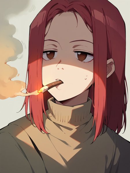 score_9, score_8_up, score_7_up, score_6_up, score_5_up,  <lora:FLCLXLP:1> flcl, brown eyes, red hair, smoking, 1girl,