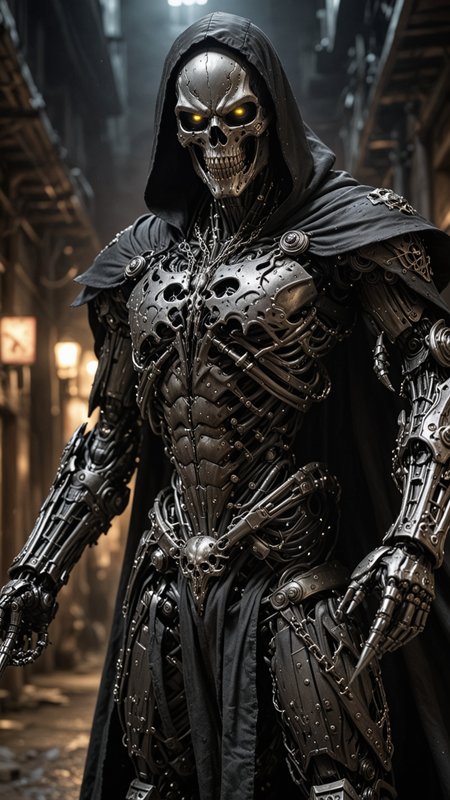 masterpiece, best quality, high resolution, perfect lighting, extremely detailed, (Terminator assasin), battle scared white and black carbon armor, Wearing a dark cloak with hood, skull face just visable under hood, full_armor, humanoid, Metal Human skull head, at night, (extreme detailed micro mechcanical scary Metal human skull design). Samurai sword shinning silver, Runes decorative embossments over his cloak, slim muscular body fast agile and stealthy,  Hiding in the shadows of a backstreet, UHD <lora:Cinematic_Robot_Cyborg:0.5>, CYBORG