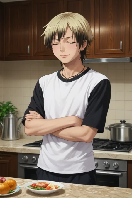 score_9, score_8_up, score_7_up, source_anime, rating_safe, intricate details, semi-realistic, looking at viewer, depth of field, 1boy, solo, male focus, <lora:kodaka_hasegawa_pony:0.84>, kodaka_hasegawa, blonde hair, black eyes, short hair, multicolored hair, two-tone hair, black hair, straight-on, full body, kitchen, day, clouds, arms under breasts, (closed eyes:1.2), smile, , <lora:sdxl_lightning_8step_lora:1>