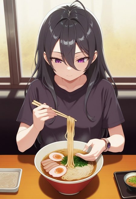 masterpiece,best quality,amazing quality, ayano kimishima, long hair, black hair, hair between eyes, purple eyes, 1girl, solo, noodles, watch, food, holding, holding chopsticks, wristwatch, hair between eyes, short sleeves, ramen