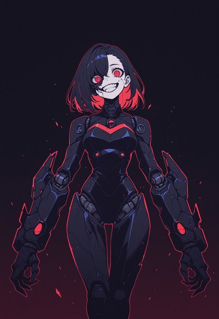 masterpiece, best quality, amazing quality, high resolution, aesthetic, 1girl, robot woman, black body with red details,  red eyes, asymmetric hair, headtilt, broken face, crazy, horror, creepy, dark background,  DRKWB, blade arms, open mouth, grin, Flatline, Flat vector illustration, attacking viewer, dynamic pose