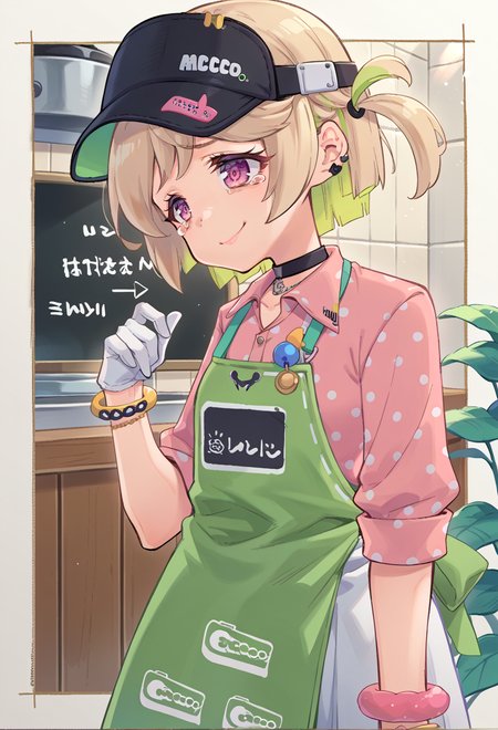 score_9, score_7_up, source_anime, BREAK <lora:AERingo:1> linear hatching,   <lora:AECoco:0.7> AECoco, pink eyes, purple eyes, multicolored hair, blonde hair, green hair, swept bangs, bags under eyes, visor cap, black headwear, black choker, collared shirt, polka dot, apron, bracelet, white gloves, white skirt, tearing up, forced smile,