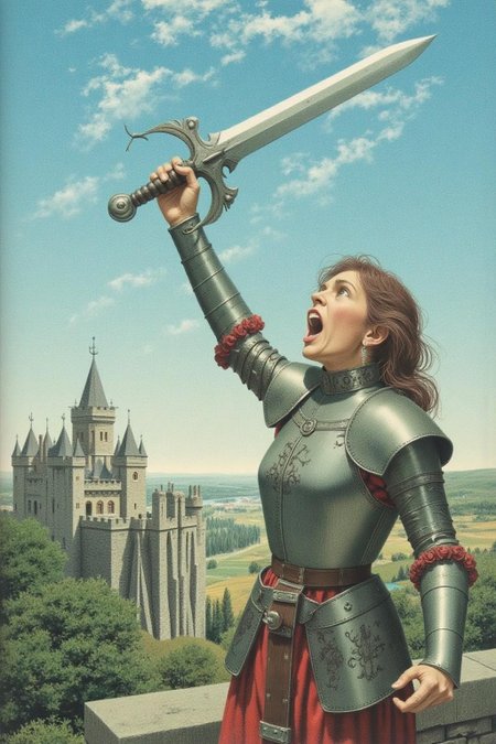 jeanleonhuens1 illustration. Young woman in medieval metal armor, lifting a giant sword toward the sky.  She is shouting angrily.  There is a castle in the background overlooking a valley. <lora:jeanleonhuens1_ap_d6a3e12:1.0><lora:844828919333955000:0>