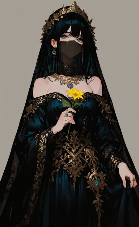 masterpiece, best quality, good quality, very aesthetic, absurdres, newest, 1girl, solo, breasts, looking_at_viewer, blue_eyes, simple_background, black_hair, dress, holding, jewelry, bare_shoulders, green_eyes, flower, earrings, wide_sleeves, grey_background, necklace, black_dress, ring, crown, veil, yellow_flower, skirt_hold, holding_flower, covered_mouth, gold, mouth_veil <lora:ponyv4_noob1_2_adamW-000017:0.7> <lora:EtherSDXL:0.15> <lora:748cmSDXL:0.7>