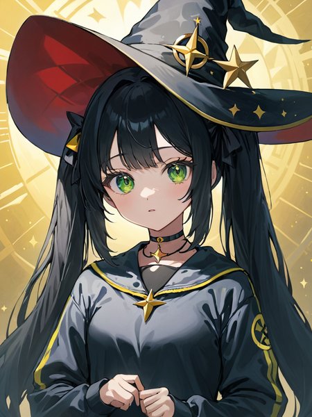 ultra-detailed,(best quality),((masterpiece)),(highres),original,extremely,<lora:monax_xl:1>,mona, 1girl, twintails, long hair, witch hat,  black hair, choker, jewelry, csleeves, star (symbol), hat ornament, green eyes, tracksuit
