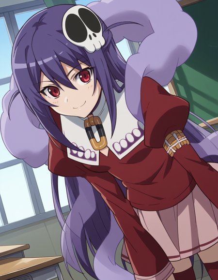 score_9, score_8_up, score_7_up, source_anime,
haquadulotherminium, <lora:haqua-du-lot-herminium-s2-ponyxl-lora-nochekaiser:1>,
haqua du lot herminium, long hair, hair ornament, purple hair, skull hair ornament, red eyes,
skirt, thighhighs, zettai ryouiki, school uniform, shirt, red shirt, shawl, harogomo, pink skirt, puffy sleeves, juliet sleeves, long sleeves,
indoors, classroom, bent over, smile,
looking at viewer, cowboy shot, solo, dutch angle,