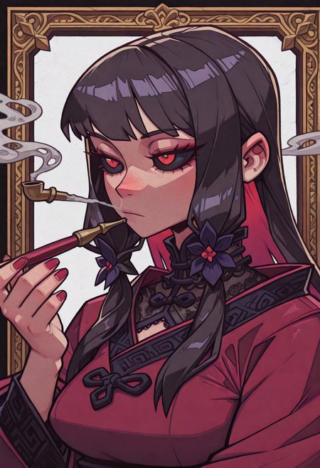 masterpiece, best quality, amazing quality, very aesthetic, absurdres, newest, (pixelsketcher:0.5), Yaya Artstyle, Overnoizz,   
, jurims ,   1girl, Chan Hongyi, black sclera, red eyes, border,expressionless,flower,hand up,holding,holding smoking pipe,hyur,kiseru,lace collar,portrait,smoke,smoking,smoking pipe,solo, white background,
(Smooth Quality - Illustrious:0.8), masterpiece,best quality,amazing quality, absurdres, (impressionism), ultra-HD, 8k, fit body, highest quality, volumetric lighting, (cinematic composition:1.3), (sharp focus:1.2), (depth of field:1.2), (adult), wide eyes, (mature female:1.2), very aesthetic, smooth image, action lines, motion lines, motion blur, (detailed face and eyes:1.3),
<lora:illustrious_quality_modifiers_masterpieces_v1:0.6>  <lora:ponyv4_noob1_2_adamW:0.4> <lora:FINALE:0.4>  <lora:I_Am_The_Fated_Villain:0.6> <lora:g0thicILL:0.4> <lora:USNR STYLE_XL_loha:0.3>