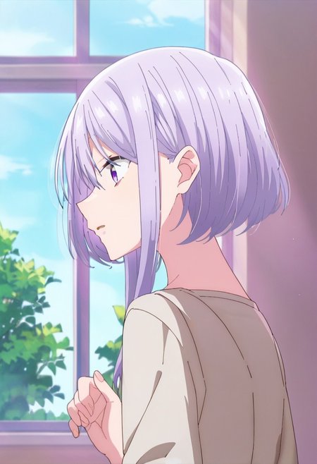 score_9, score_8, score_7, source_anime, amasawa kyou, parted lips, ^_^, hand up, profile, bush, hair between eyes, window, dot nose, looking back, sky