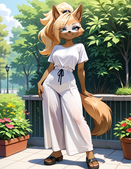 masterpiece, best quality, very aesthetic, absurdres,
outdoors, casual, 
full body, standing, posing, 
 seductive smile, parted lips, long eyelashes,
 <lora:Whisper_the_Wolf_v01_NAIXL:1>,
Wh15p3r,1girl,solo,furry,furry female,wolf girl,long hair,blonde hair,wolf ears,ponytail,blue eyes,makeup,anout,animal nose,fangs,body fur,two-tone fur,orange fur,brown fur,wolf tail,