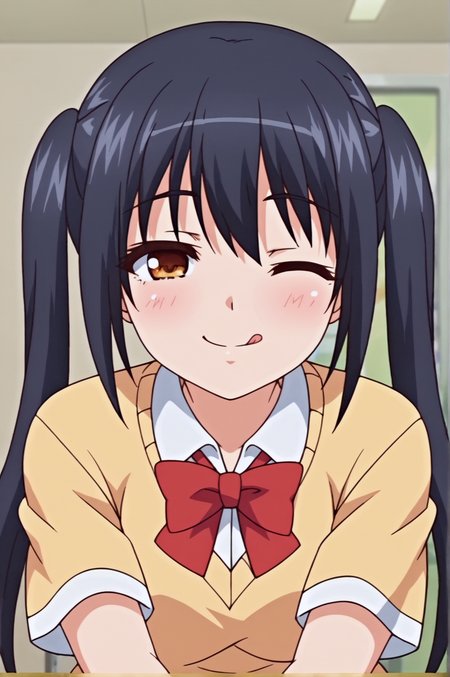 score_9, score_8_up, score_7_up,anime_source, source_anime, best background, detailed background, anime screencap,  Yui, solo, blush, school uniform, seductive smile,  tongue out, happy, one eye closed,  indoors,  <lora:JN_Yui_Nakaizumi:0.8>