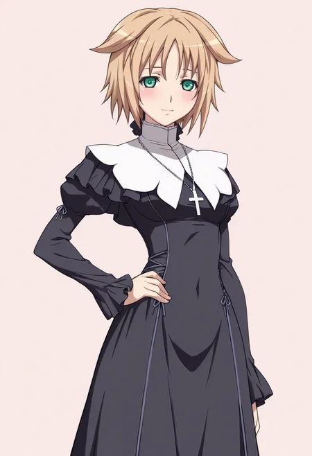 masterpiece, best quality, 
1girl, solo, cowboy shot,
standing, hand on own hips,
looking at viewer, blush, light smile,
<lora:Teresa_Beria:1> T3r3s4B3r14, green eyes, short hair, 
nun, habit, necklace, cross, long sleeves, 
pink background, simple background,