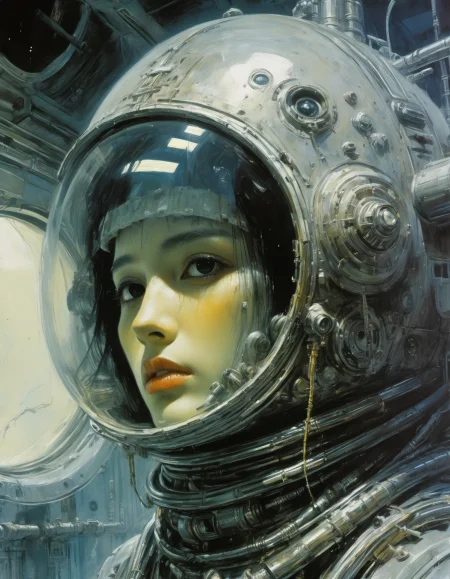 xxmixgirl, "Close-up, front-facing view of a scavenger, his face reflecting horror, within the chilling confines of a derelict space station. Sharp contrasts, lavishly intricate, drawing from H.R. Giger", surrealism, weird and pissed off, oil on canvas, dry brush, <lora:John Berkey Style:0.9>, John Berkey Style