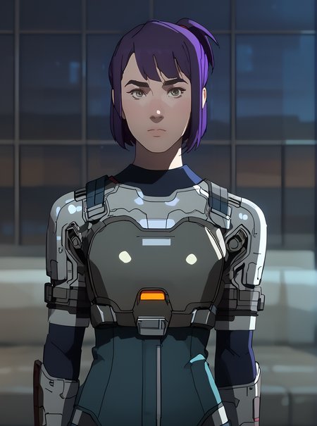 score_9, score_8_up, score_7_up, <lora:maddiekpxl:1>, maddiekpxl, 1girl, short ponytail, wearing cyber armor, tron,cartoon, western animation, looking at viewer, flat colors, outline, purple hair, grid world, bangs,