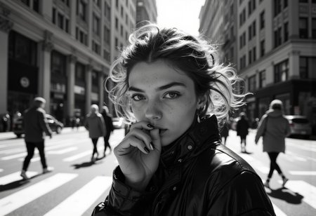 photograph, likely taken in a bustling urban setting, employs a high-contrast, gritty aesthetic that evokes a sense of urban realism. The composition centers on a young woman with tousled hair, who gazes intently off-camera, her expression a mix of contemplation and defiance. Her hand, with black-painted nails, is raised near her mouth, adding a dynamic element to the otherwise still image.
The photograph's high contrast is achieved through the interplay of light and shadow, creating a stark, almost noir-like atmosphere. The lighting appears to be natural, likely from the sun, which casts sharp shadows and highlights the textures in the woman's hair and the shiny surface of her jacket. The use of shadows enhances the photograph's dramatic and timeless quality, reminiscent of works from the mid-20th century.
The camera angle is slightly low and close, emphasizing the woman's face and hand, and creating a sense of intimacy and immediacy. The background, a busy city street with crosswalks and pedestrians, adds depth and context, suggesting themes of urban life and individuality. This piece could be associated with the street photography movement, characterized by its candid and unembellished capture of everyday life.