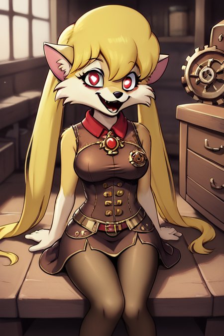 score_9, score_8_up, score_7_up, CleoCatillac,(furry art,),1girl, fox ears,long twintails, a female (anthro furry:1.3) , fantasy, (steampunk:1.2), skirt,yellow hair, back dress, girdle,,(amazed look:1.5), (crazy:1.2), big gears , brass, cloak, detailed eyes,cowboy shot, sitting on floor , workshop, heart shaped pupils , medium  breasts, ,tall,skinny, pantyhose, looking to viewer, (red eyes),<lora:Cleo_Catillac_Pony:0.6>,