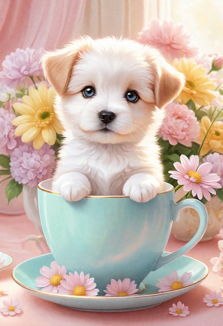 Art style of Apofiss, concept art, A tiny, fluffy puppy peeking out of an oversized teacup, surrounded by soft pastel colors and delicate flowers. The puppy's eyes are wide and curious, and the scene has a whimsical, cozy atmosphere.