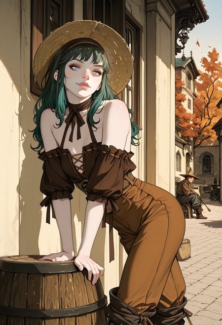 realistic, very awa, ambient occlusion, ray tracing, [sei shoujo], [yoshiten], [takeuchi_takashi], [libbyframe], style parody, [bang_dream!], [arcane:_league_of_legends], [league_of_legends], saturated, colorful, (dynamic angle:1.3), (cowboy shot:1.2) BREAK 1girl, solo, <lora:human:0.7> human, european appearance, deep azure hair, layered cut hair with hairband, blue eyes, (pale skin:1.2), gangly body, thin thighs, long legs, small breasts, perfect hands, shiny lips, (amused), BREAK witch, wearing ribbon-trimmed (detailed dark green velvet halter), barrel pants, velvet flats, rice hat, <lora:Witchy_Cottagecore_Illu_Edition:0.6> W1tchyC0ttagec0re BREAK medieval, fantasy, outdoors, fantasy town, brown_red painted buildings, clay streets,, urban details, plaza, reclining, sitting, sitting sideways , arms resting, against wall, autumn, day, cool hard light, cinematic lighting BREAK <lora:Sketchy_Pinup_Style_Illu_Edition:0.7> SP-Illu <lora:E-Girl_PFP_Style:0.6> EGirlPFP <lora:Face_Enhancer_Illustrious:0.6>