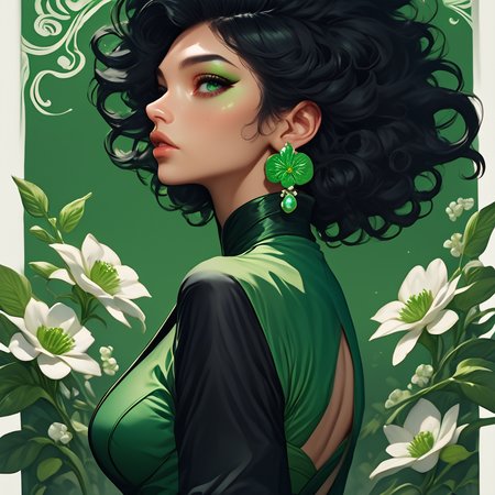 core_9, score_8_up, score_7_up, score_6_up,  <lora:Ars_Niji_Style_Pony:1> ArsNijiStyle, The image is a digital illustration of a young woman with dark hair and green eyes. She is wearing a black and green outfit with a high neckline and long sleeves. Her hair is styled in loose curls and she is adorned with white flowers and green leaves. The background is a bright green color with a white circle in the center. The woman is looking off to the side with a peaceful expression on her face. The overall style of the illustration is elegant and whimsical., 1girl, solo, black hair, flower, earrings, jewelry, parted lips, green eyes, upper body, profile