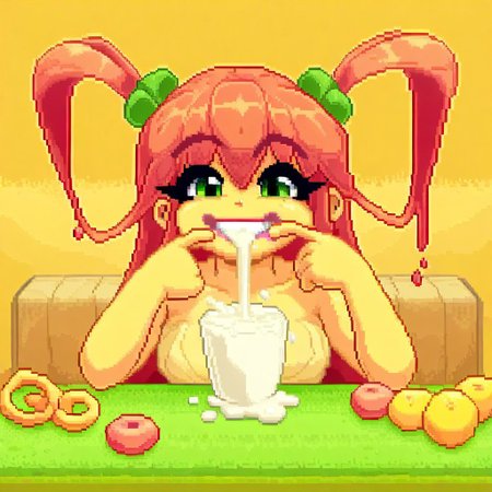 score_9
girl with cheeks full of fruit loops, breafast table, milk pouring out,
smile, happy, eating, full cheeks, cute, pixel art style