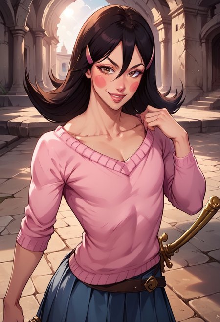 OkamaitachiOPM, 1girl, solo, otoko no ko, black hair, long hair, hair between eyes, hair ornament, hair clip, brown eyes, lips, blush stickers, collarbone, flat chest, boat neck pink sweater, long pleated blue skirt, belt, weapon, sabre, leather stiletto ankle boots,
seductive pose, sexy pose, tease,  in the spotlight,,
smile, ruins,
score_9, score_8_up, score_7_up, beautiful aesthetic, very intricate, high quality details,vibrant, highly detailed, award-winning, professional,anime artwork, anime style, studio anime, athletic, curvy body, athletic, looking at viewer, pinup pose, teasing, dynamic lighting, cinematic, smug, better than you, aura of temptation, highly detailed, high resolution, masterpiece, detailed clothes, detailed background, highly detailed, ((sound effects)) comic layout,