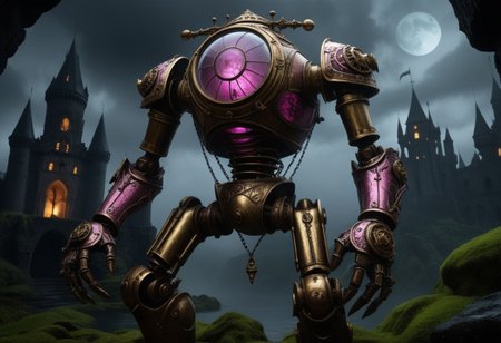 giant bipedal robot brass and dark pink striped paint, bronze paisley robot. lacy robot metal. glass jar helmet torso head. outside of a steampunk keep. large detailed torso. dark image. one forty foot tall ancient robot with great arms and two heavy spring legs. dark foggy night background. $dark foggy night image only. dark photo realistic image. steampunk details. cogs, chains and pipes incorporated in the fantasy buildings. magic wizards tower in background. Dark swamp, moss, castle ruins, wizards tower. stormy dark night.  stormy sky.  rain