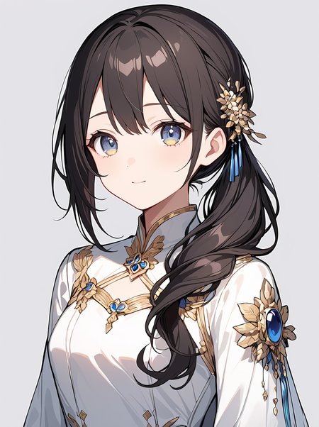 masterpiece,ultra-detailed,best quality,8K,illustration,cute face,clean skin ,shiny hair,girl,ultra-detailed-eyes,simple background, <lora:add-detail-xl:1>   <lora:lose sidetail_XL_V1.0:1.2> lose sidetail,side ponytail, hair ornament,long hair
