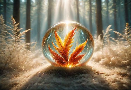 source_8_up, source_7_up, source_6_up, source_5_up, an elegant fire phoenix inside a perfect glass sphere, incredibly detailed glass, the sphere is suspended in midair somewhere in a beautiful picturesque pine forest, hyper-detailed, ultra-realistic, centered composition, wallpaper, creeping void background, UHD, created from flame, highly intricate, insane details, (exquisite detail and attention given to the texture and twisting of the flame), gleaming dancing fire glass,